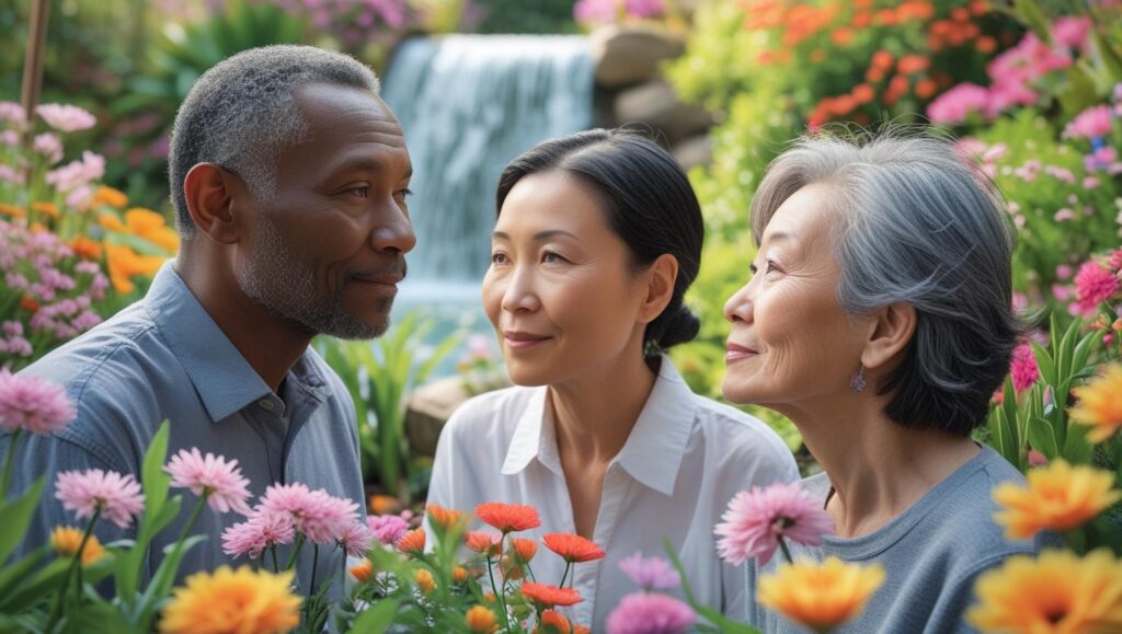 Grupo diversificado de pessoas sorrindo em um belo jardim com cachoeira, transmitindo alegria, bem-estar e a importância da conexão social para a saúde mental e qualidade de vida na aposentadoria.