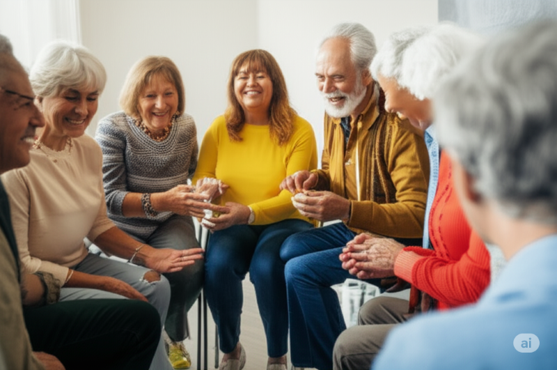 Gemini_Generated_Image_interação Grupo de pessoas maduras sorrindo em reunião social, combatendo o etarismo e isolamento