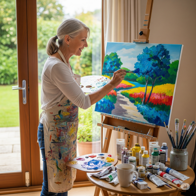 Mulher madura pintando um quadro vibrante, simbolizando a alegria e o propósito de descobrir novos hobbies na aposentadoria.