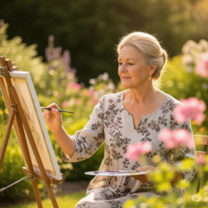 mulher madura pintando tela ao ar livre transmitindo serenidade