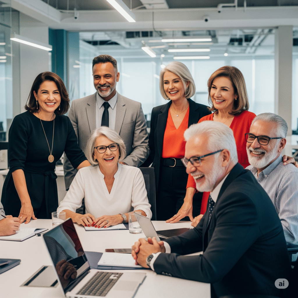 Profissionais 50+ colaborando e demonstrando experiência no mercado de trabalho.
