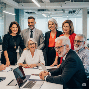 Profissionais 50+ colaborando e demonstrando experiência no mercado de trabalho.