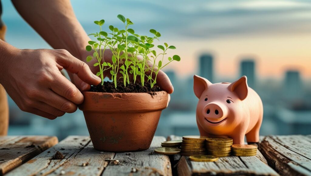 Mão plantando muda ao lado de cofrinho e moedas, simbolizando crescimento financeiro e poupança.
