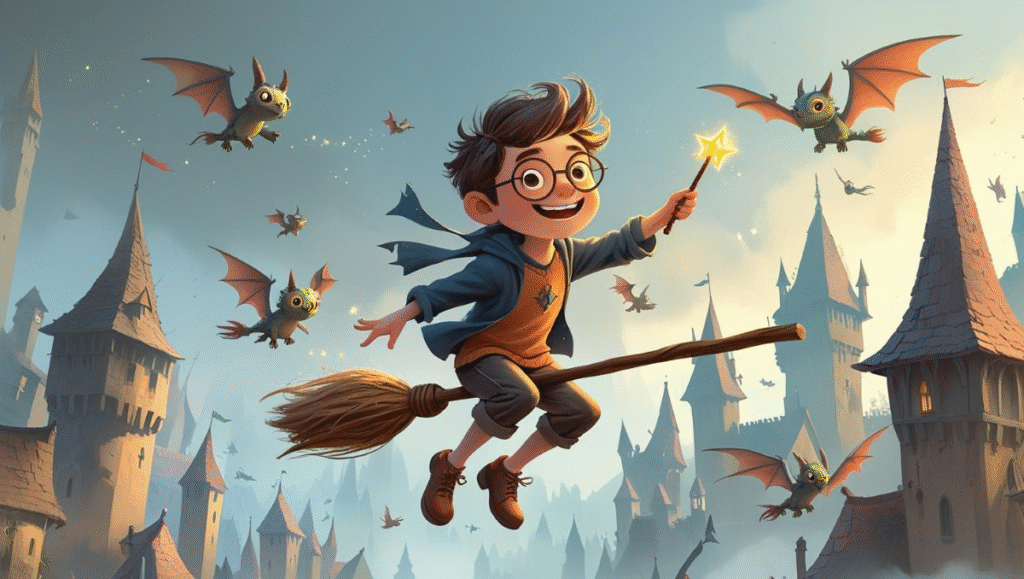 Ilustração de um menino bruxo voando em uma vassoura sobre uma cidade medieval fantástica".