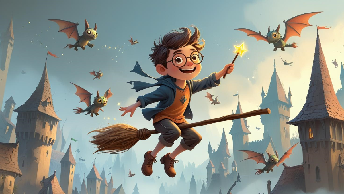 Ilustração de um menino bruxo voando em uma vassoura sobre uma cidade medieval fantástica".