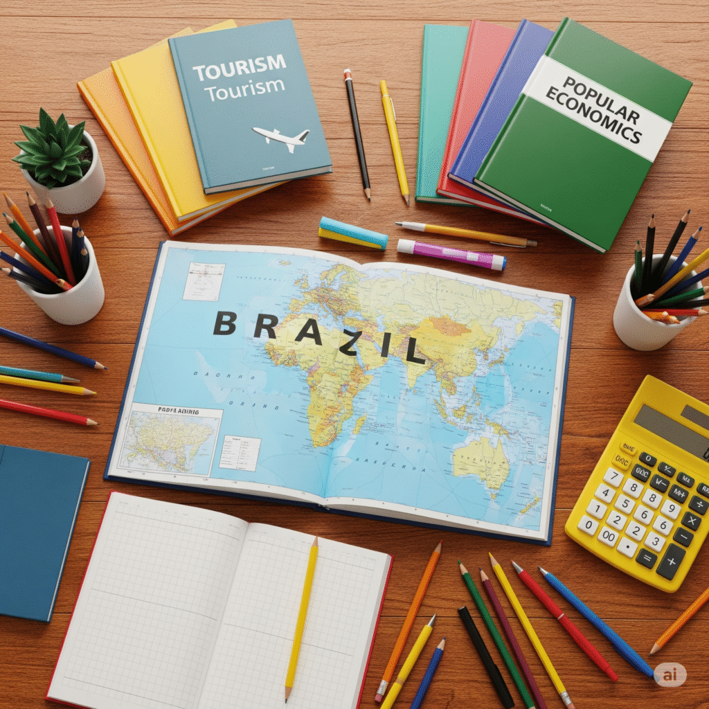 Mesa com mapa do Brasil, calculadora e livros de turismo e economia, representando planejamento para um novo 