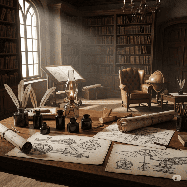 Mesa de trabalho antiga com projetos de invenções de Thomas Edison, pena, tinteiro e lamparina, simbolizando a busca por conhecimento e inovação antes da eletricidade