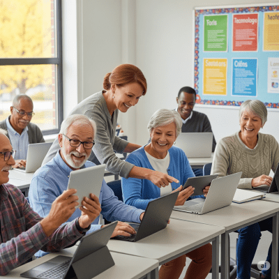 grupo de pessoas 50 + em sala de aula aprendendo sobre tecnoliogia