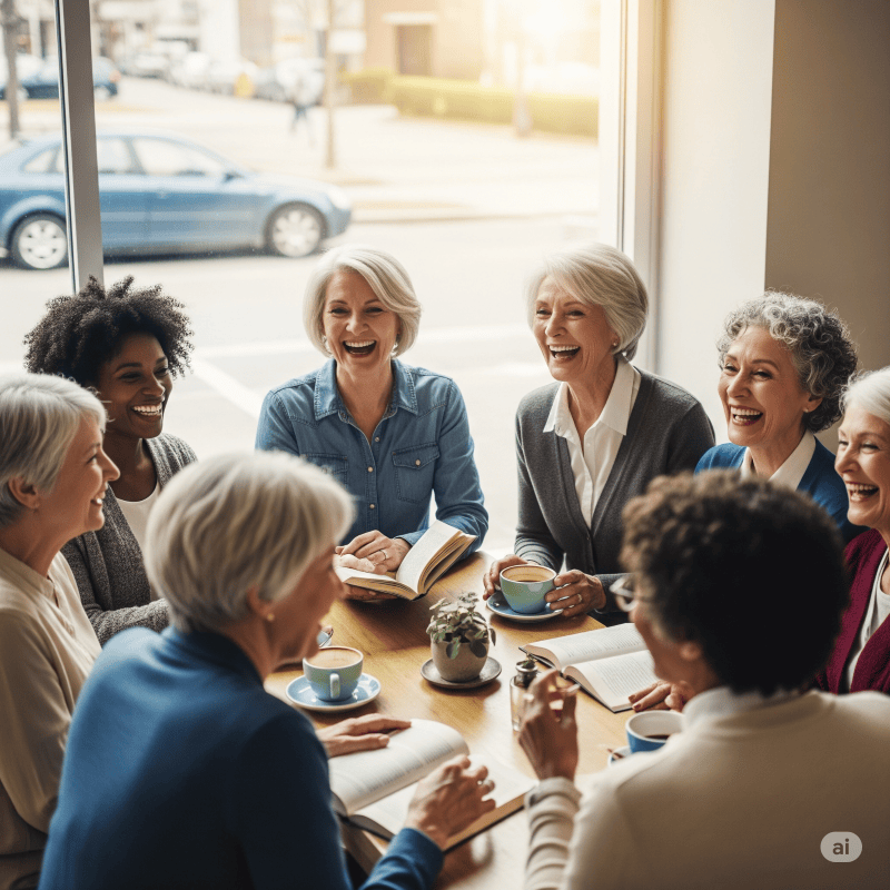 grupo de amigas 50+ felizes em momento de socialização compratilhando boas historias