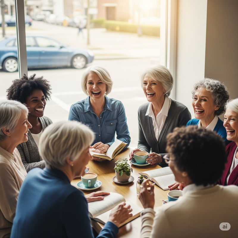 grupo de amigas 50+ felizes em momento de socialização compratilhando boas historias