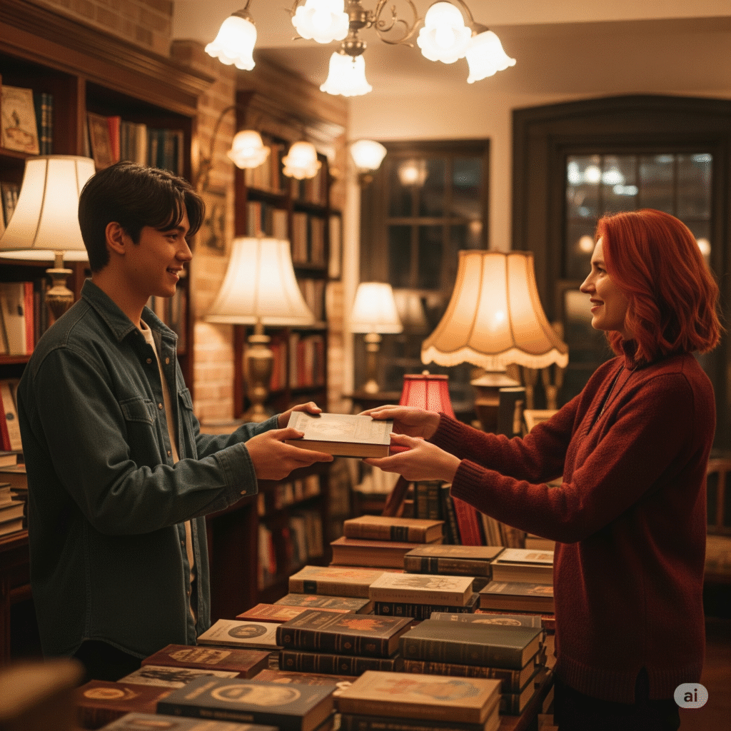 Duas pessoas adultas na biblioteca trocando livros de  historias inspiradoras