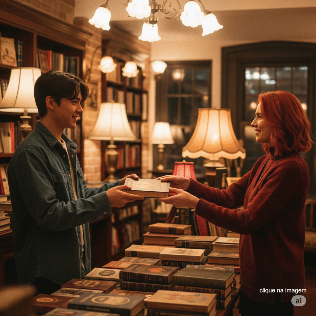 Duas pessoas adultas na biblioteca trocando livros de historias inspiradoras