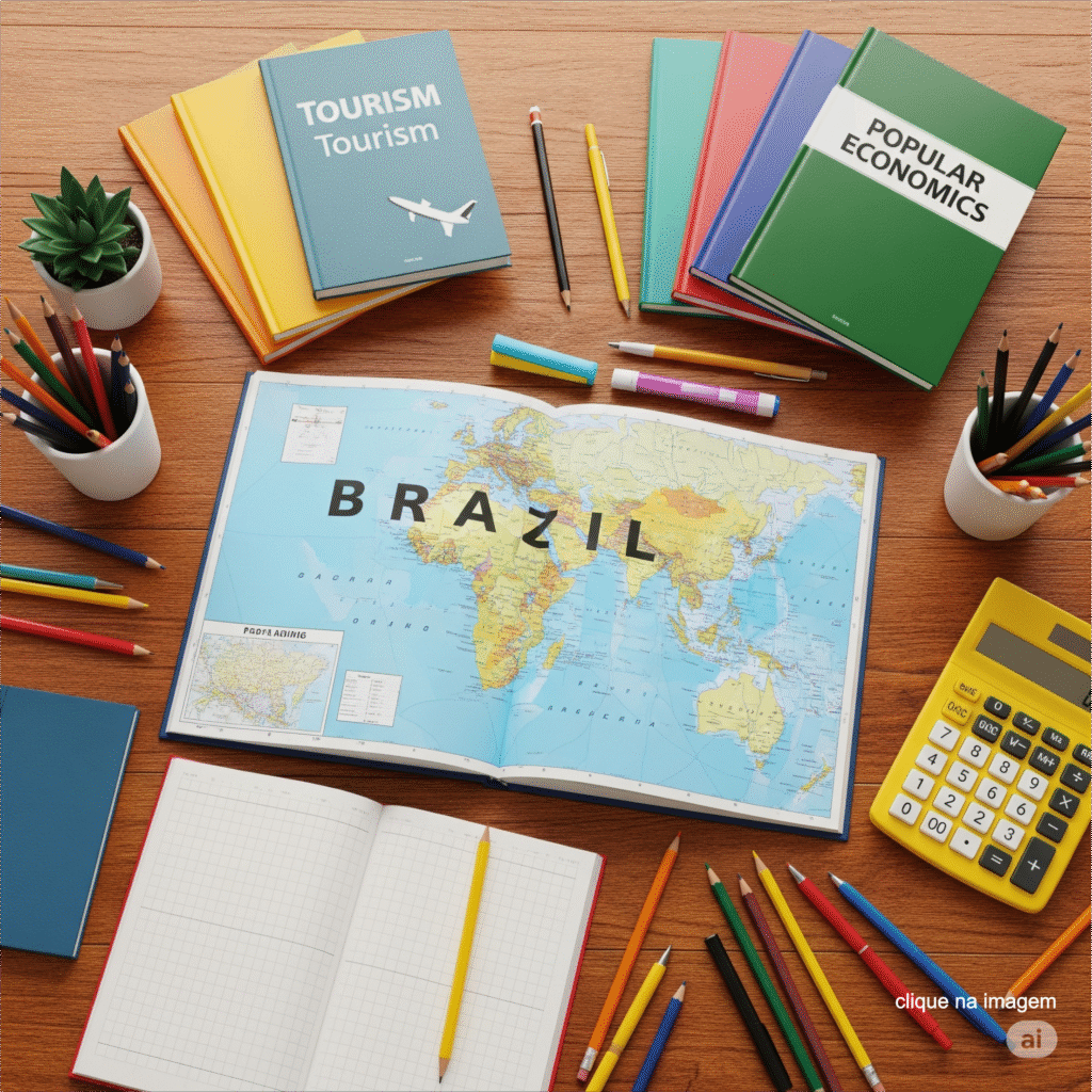 Mesa com mapa do Brasil, calculadora e livros de turismo e economia, representando planejamento para um novo começo