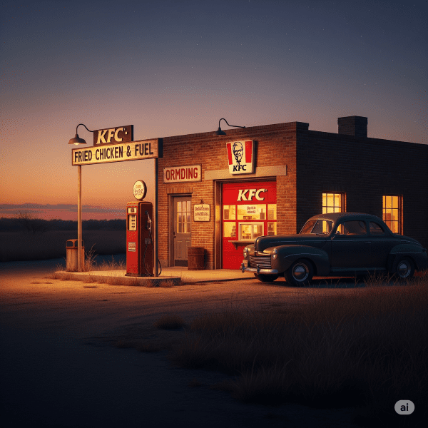 Loja do KFC em um posto de gasolina estilo anos 1940 em uma estrada isolada, com um carro antigo estacionado, simbolizando os humildes inícios da jornada do Coronel Sanders