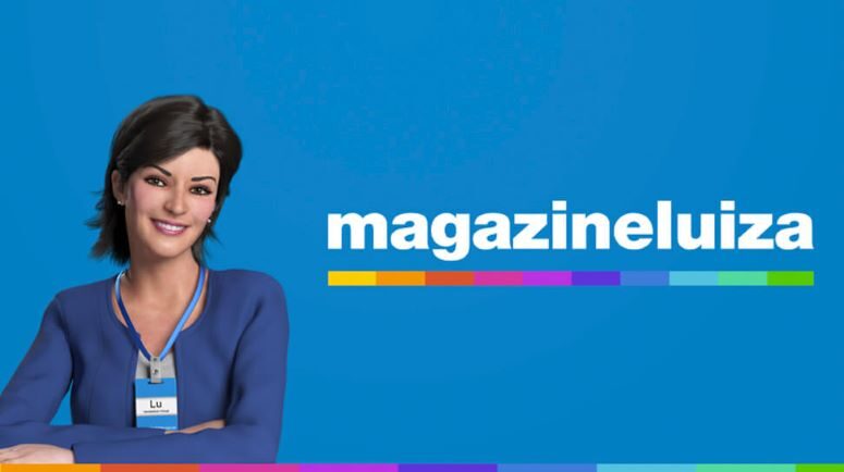 Representação digital da Luiza, assistente virtual do Magazine Luiza, com o logo da empresa ao fundo e a mensagem 'Conclusão: Inspire-se e Venda Sua Ideia!
