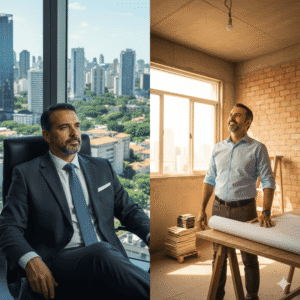 Recomeço na maturidade: homem em transição de carreira de executivo a empreendedor.