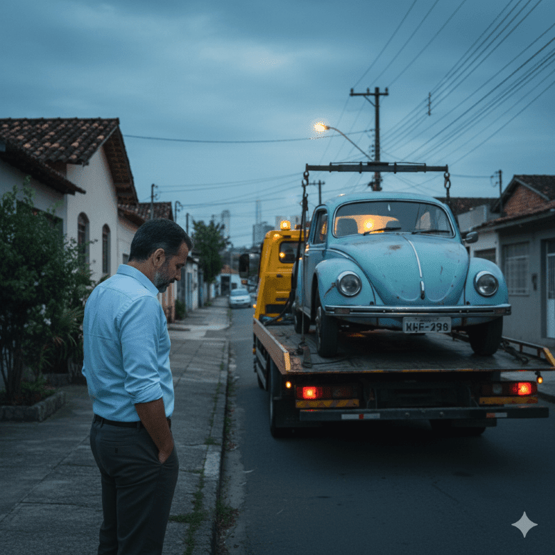 Golpe final: Fusca azul clássico sendo guinchado em uma rua residencial.