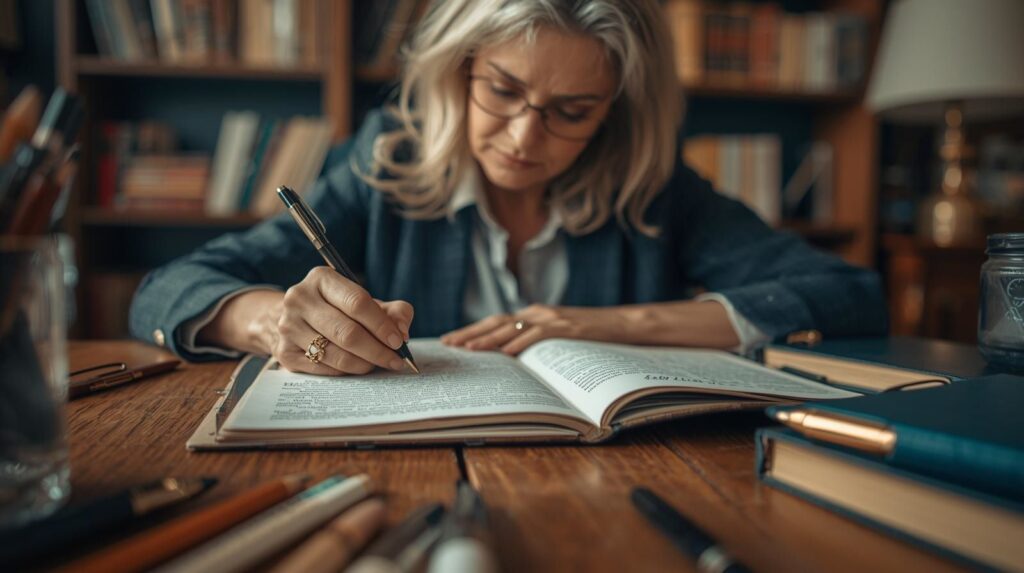 Mulher 50+ escrevendo em um diário em sua mesa de escritório.