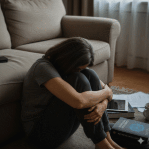 Marta esgotada no chão da sala por fadiga 50+ e estresse causado pelo etarismo.