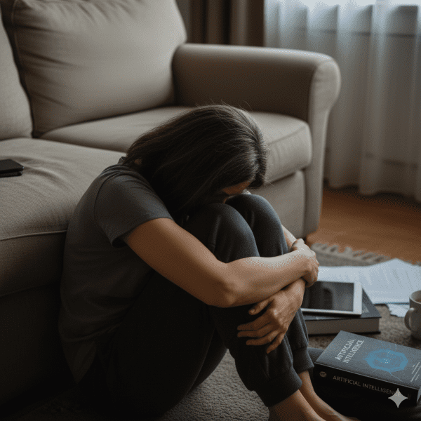 Marta esgotada no chão da sala por fadiga 50+ e estresse causado pelo etarismo.