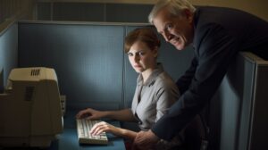 Jovem Marta sofrendo assédio no escritório, expressando indignação e desconforto com a presença de um agressor no ambiente de trabalho obsoleto