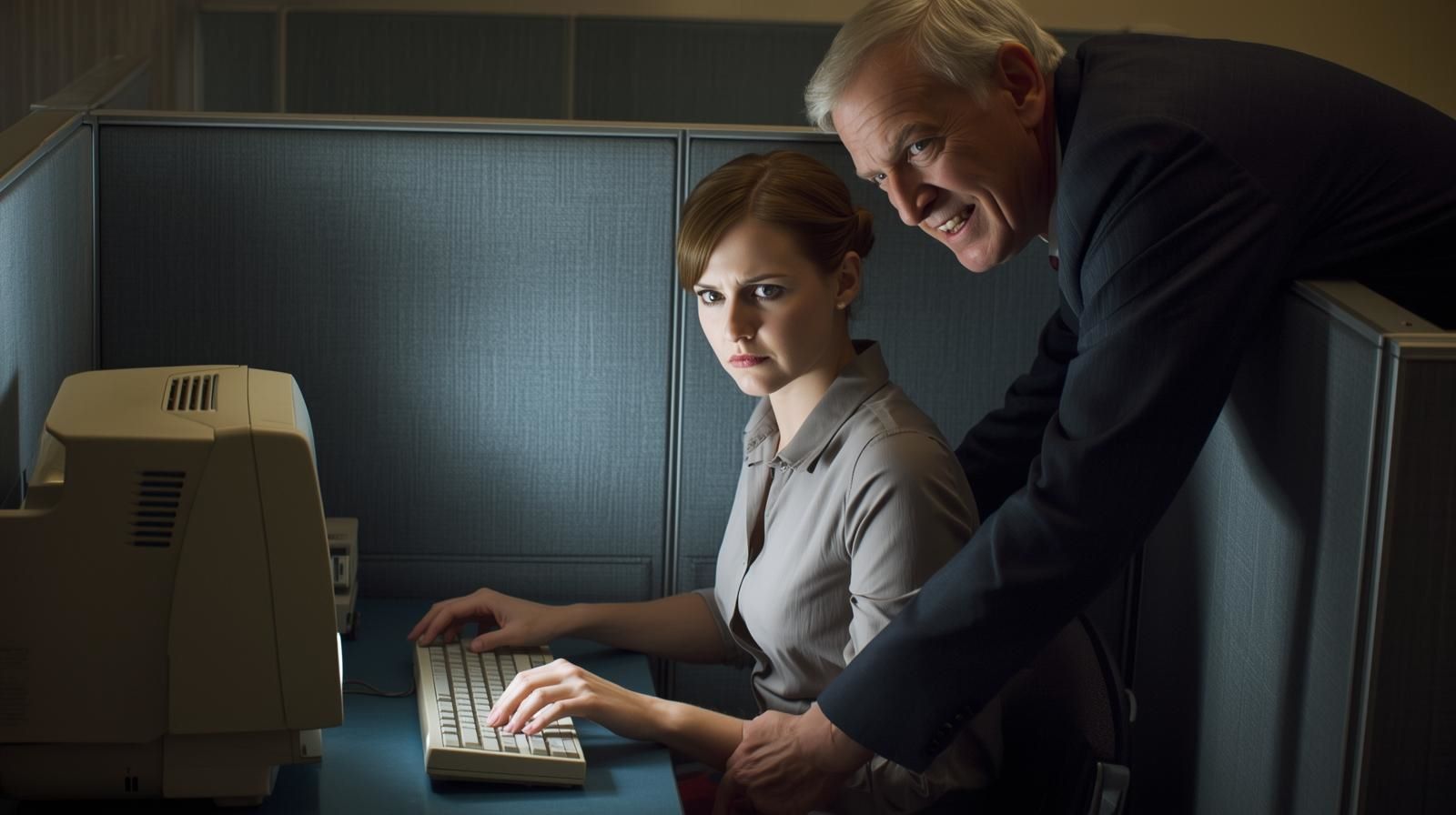 Jovem Marta sofrendo assédio no escritório, expressando indignação e desconforto com a presença de um agressor no ambiente de trabalho obsoleto