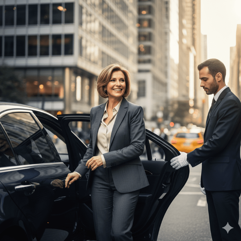  Marta (55), CEO de sucesso, descendo de um carro de luxo na inauguração da matriz de sua empresa MIA, representando triunfo e superação do etarismo.