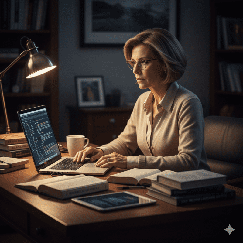  Marta (55) com foco intenso estudando inteligência artificial em seu escritório em casa à noite, com laptop e livros, preparando sua reinvenção contra o etarismo