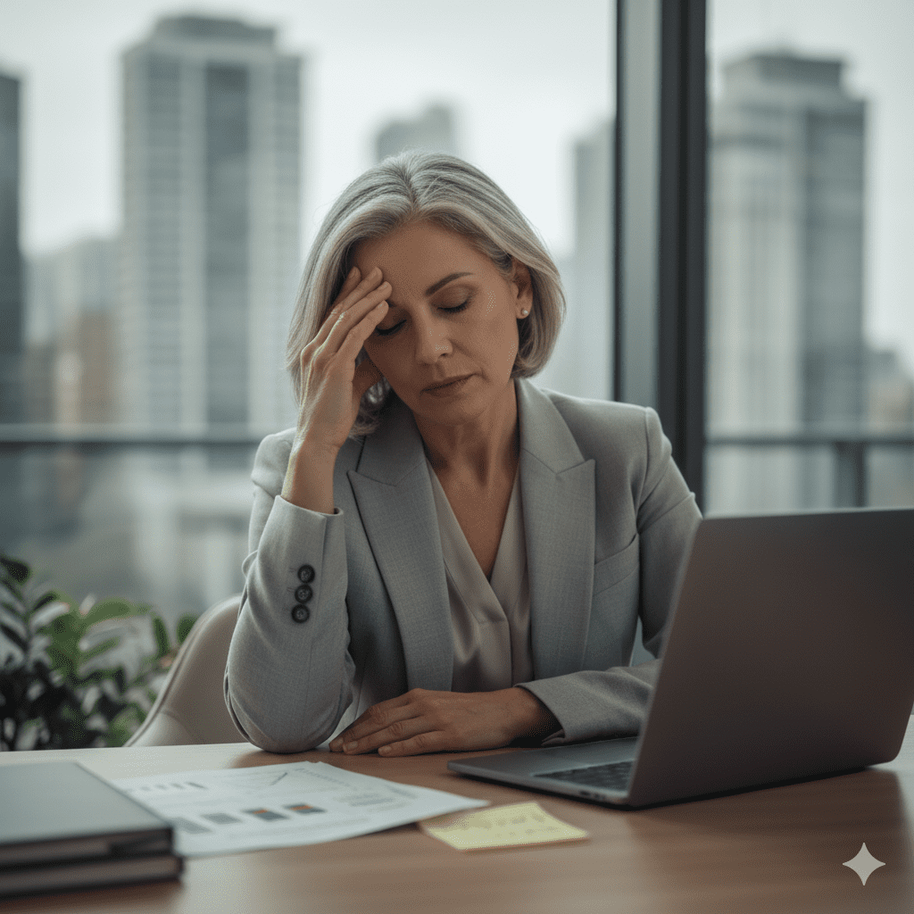 executiva 50 anos com nevoa mental na menopausa com a mao na cabeca no escritorio