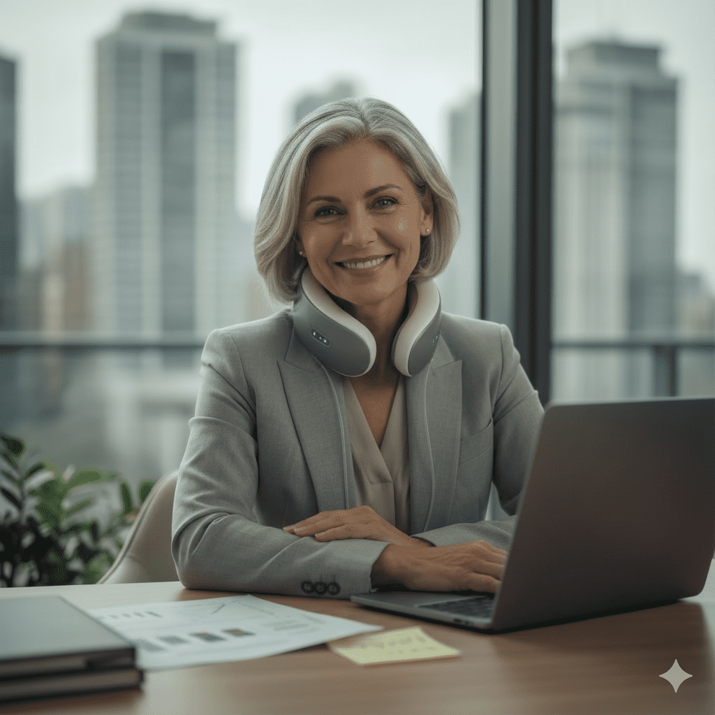 Empresária 50+ sorrindo com alívio imediato da dor cervical ao usar o dispositivo portátil de massagem TENS