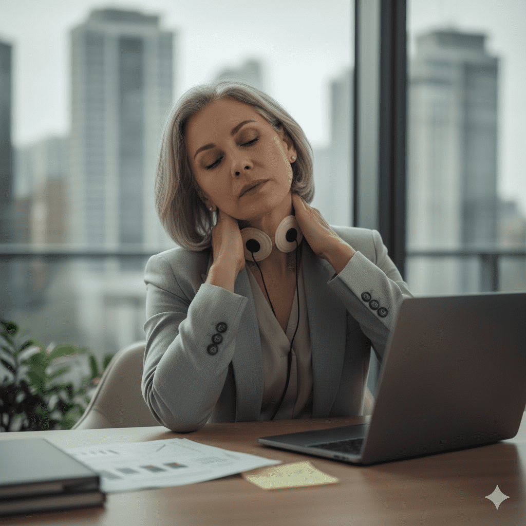Dona Helena utilizando mini massageador TENS no pescoço para alívio de dores musculares e tensões durante o trabalho.